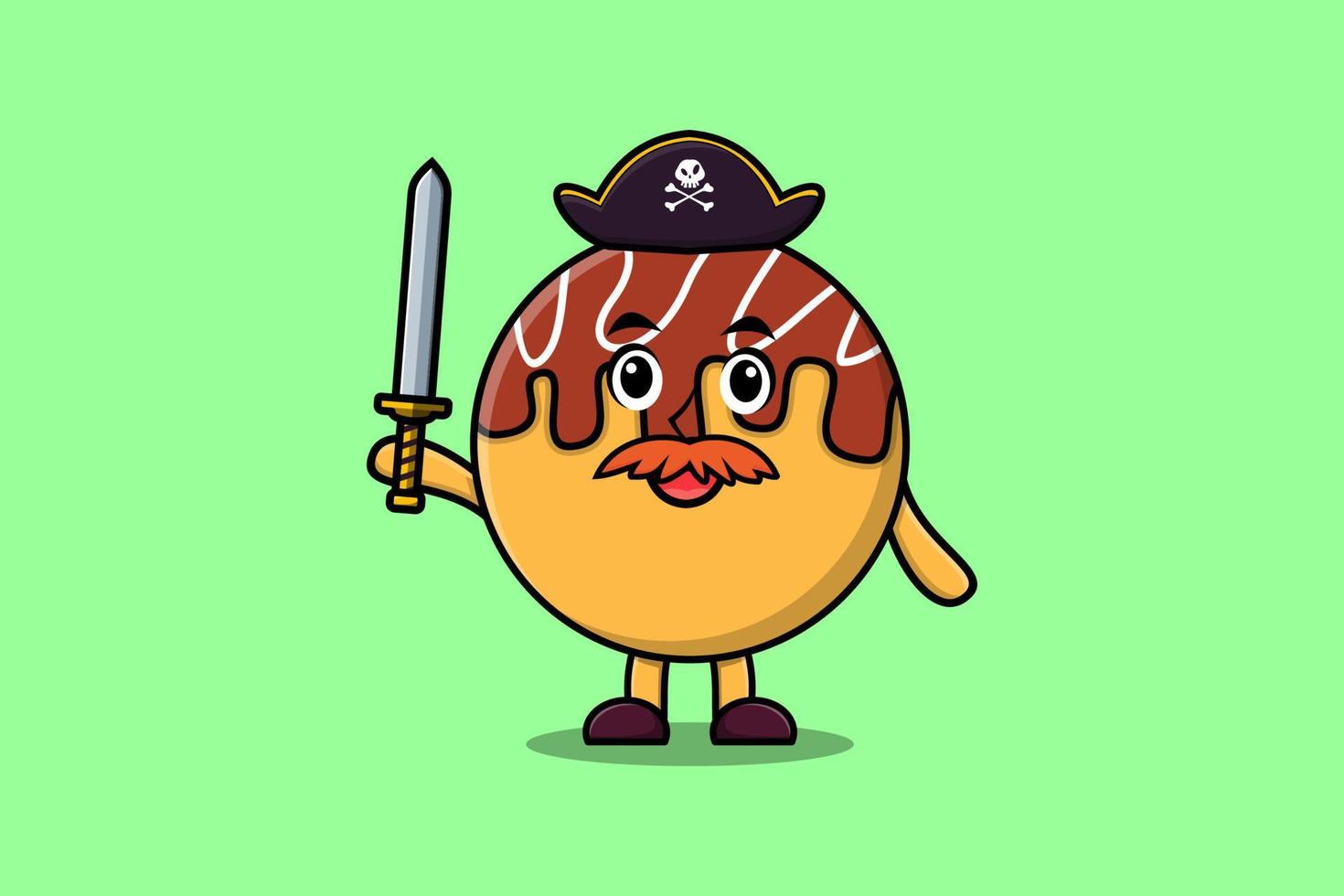 mascote bonito dos desenhos animados takoyaki pirata segurando a espada vetor