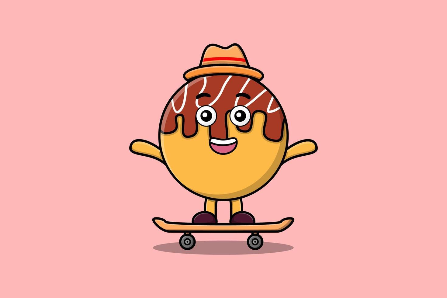 takoyaki bonito dos desenhos animados em pé no skate vetor