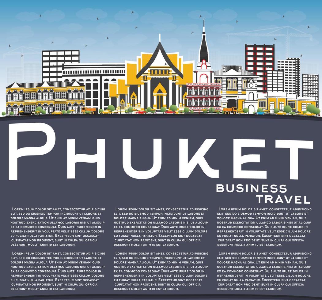 horizonte da cidade de phuket tailândia com edifícios coloridos, céu azul e espaço de cópia. vetor