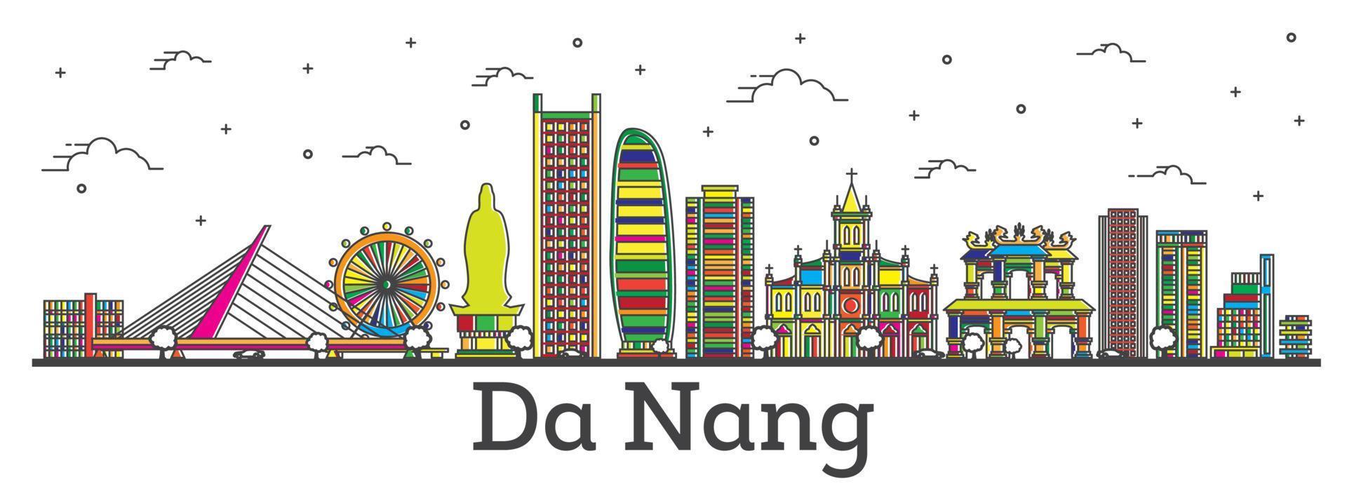 delineie o horizonte da cidade da nang vietnam com edifícios coloridos isolados em branco. vetor