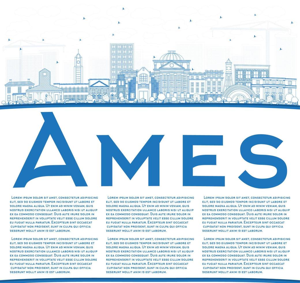 delineie o horizonte de ames iowa com edifícios azuis e copie o espaço. vetor