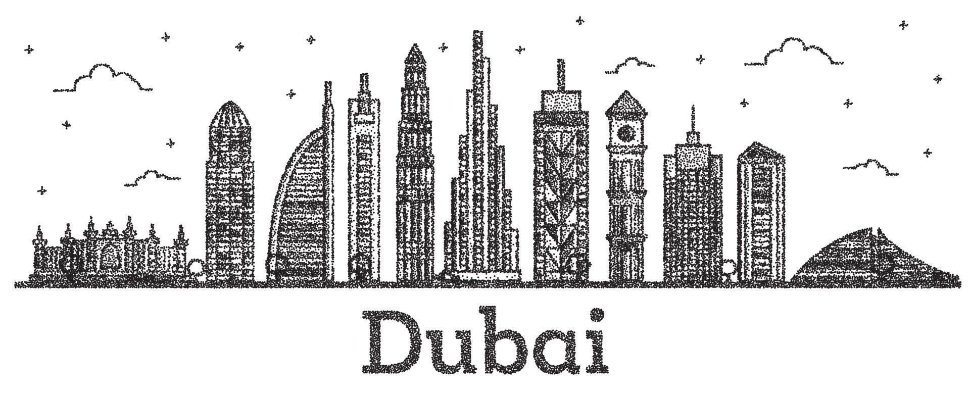skyline da cidade de dubai emirados árabes unidos gravada com edifícios modernos isolados no branco. vetor