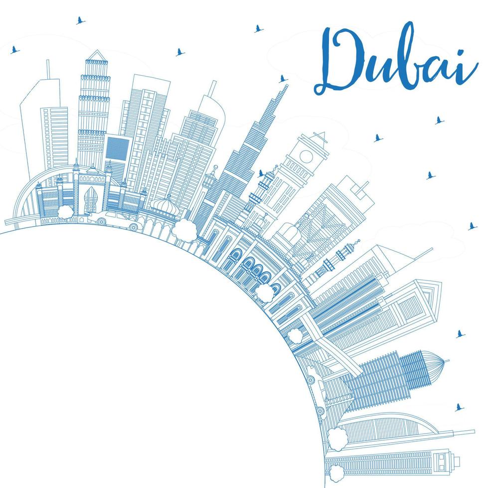 delineie o horizonte da cidade de dubai emirados árabes unidos com edifícios azuis e copie o espaço. vetor