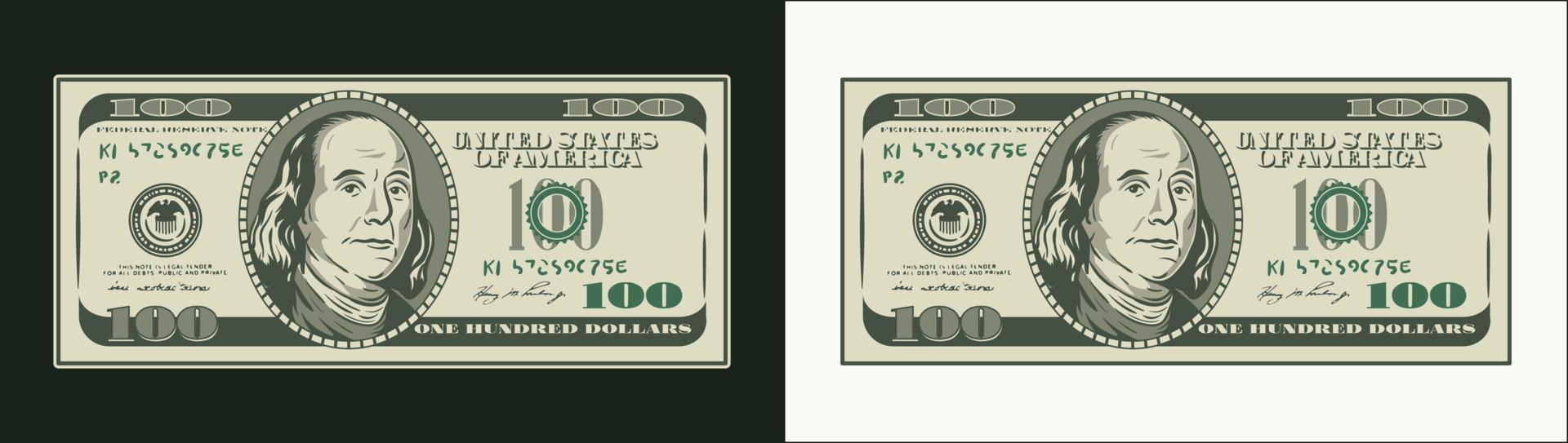 Nota de banco americana de 100 dólares com o verso da frente. vista frontal. dinheiro em espécie. ilustração vetorial vetor
