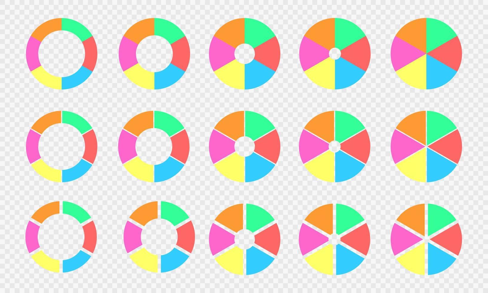 coleção de gráficos de torta e rosquinha. diagramas de círculos divididos em 6 seções de cores diferentes. rodas infográficas com seis partes iguais isoladas em fundo transparente vetor
