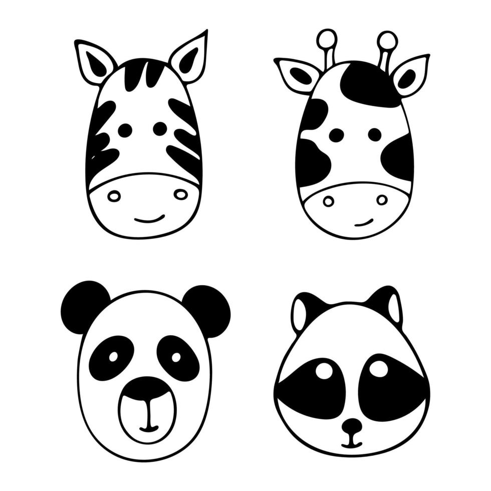 conjunto de animais do zoológico doodle. ilustração vetorial desenhada à mão de guaxinim cabeça bonito, panda, zebra e girafa isolado no fundo branco. bom para design infantil e livro de páginas para colorir. vetor