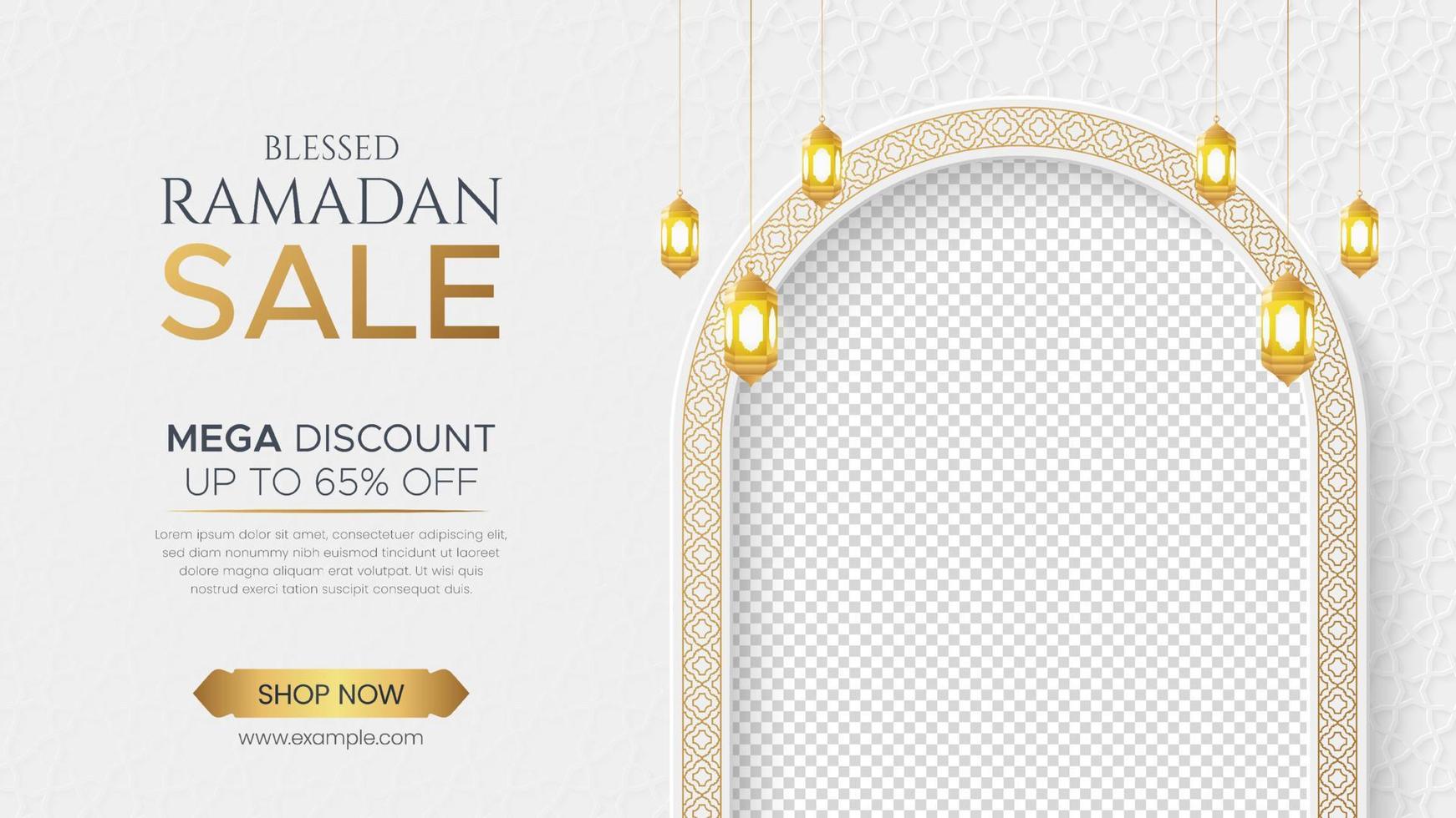 banner de venda de ramadan kareem fundo de lanterna de ornamento islâmico, postagem de mídia social de venda de ramadã com espaço vazio para foto vetor