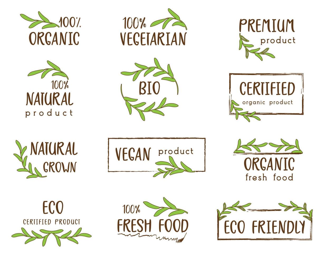 conjunto de alimentos orgânicos, produtos naturais e logotipo de vida saudável, adesivos e crachás. vetor