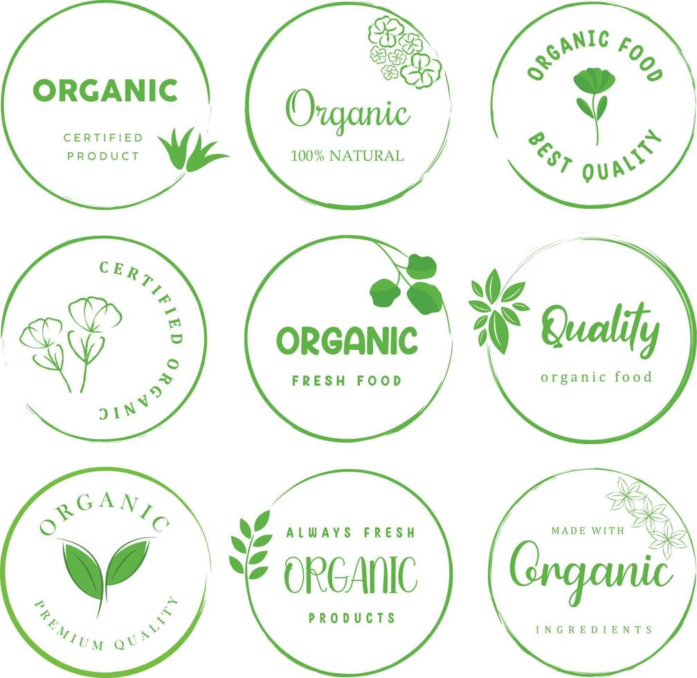 alimentos orgânicos, alimentos naturais, alimentos saudáveis e logotipos de produtos orgânicos ou naturais, coleção de ícones, crachás e adesivos para marketing de alimentos e bebidas. vetor