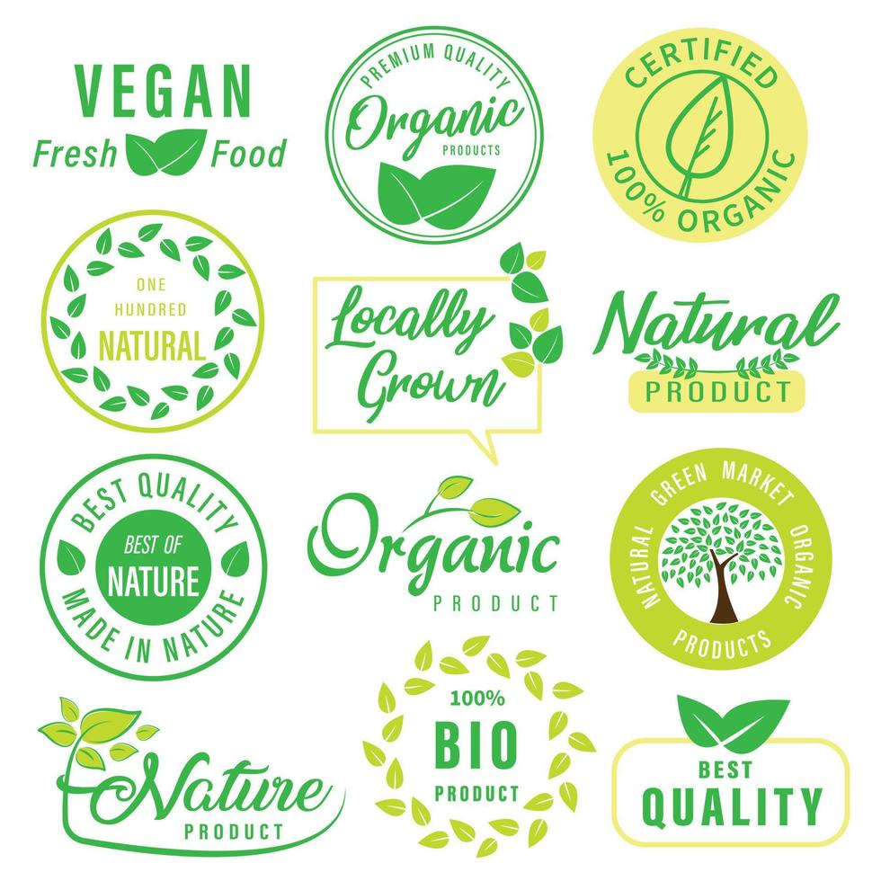 alimentos orgânicos, produtos naturais e logotipo de vida saudável, adesivos e crachás. vetor