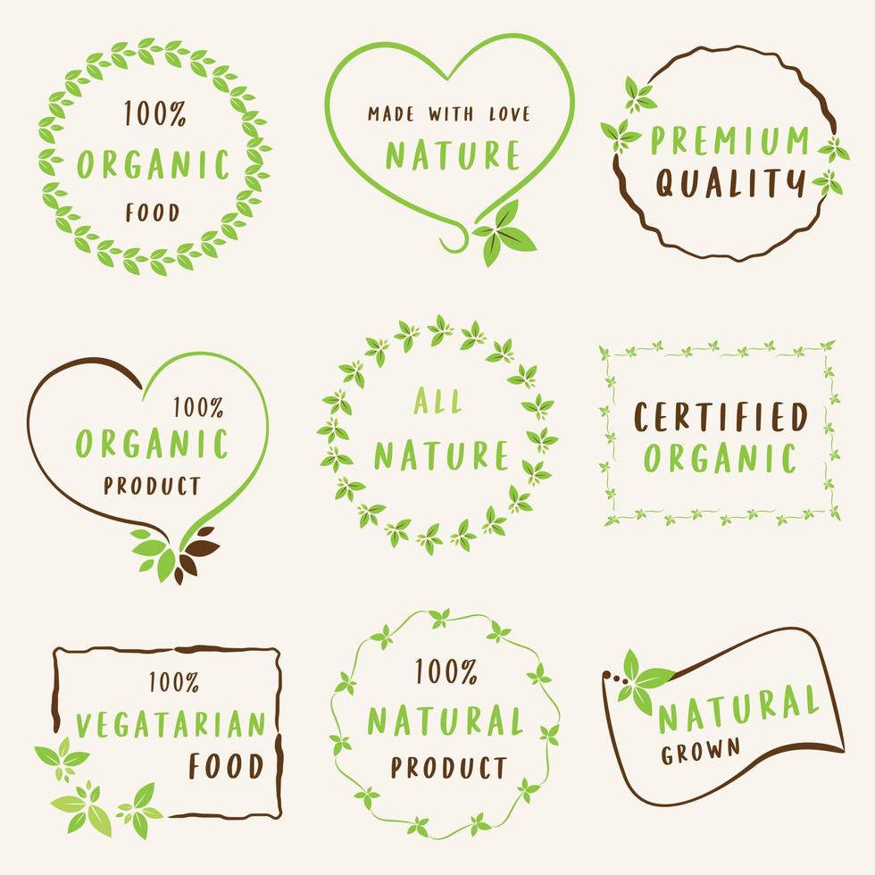 conjunto de alimentos orgânicos, produtos naturais e logotipo de vida saudável, adesivos e crachás. vetor