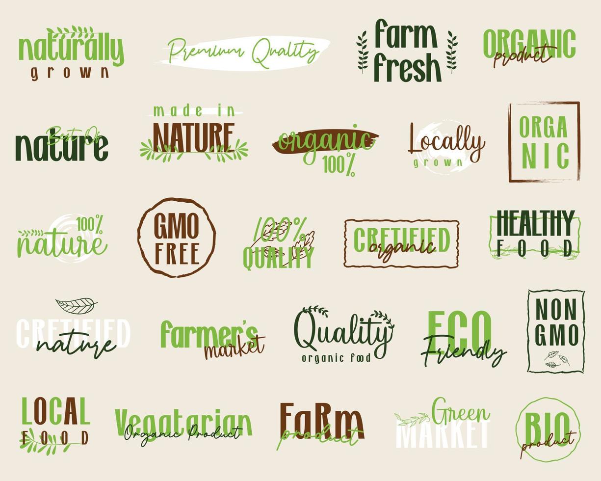 alimentos orgânicos, sinal de produto natural e adesivos para o mercado de alimentos. vetor