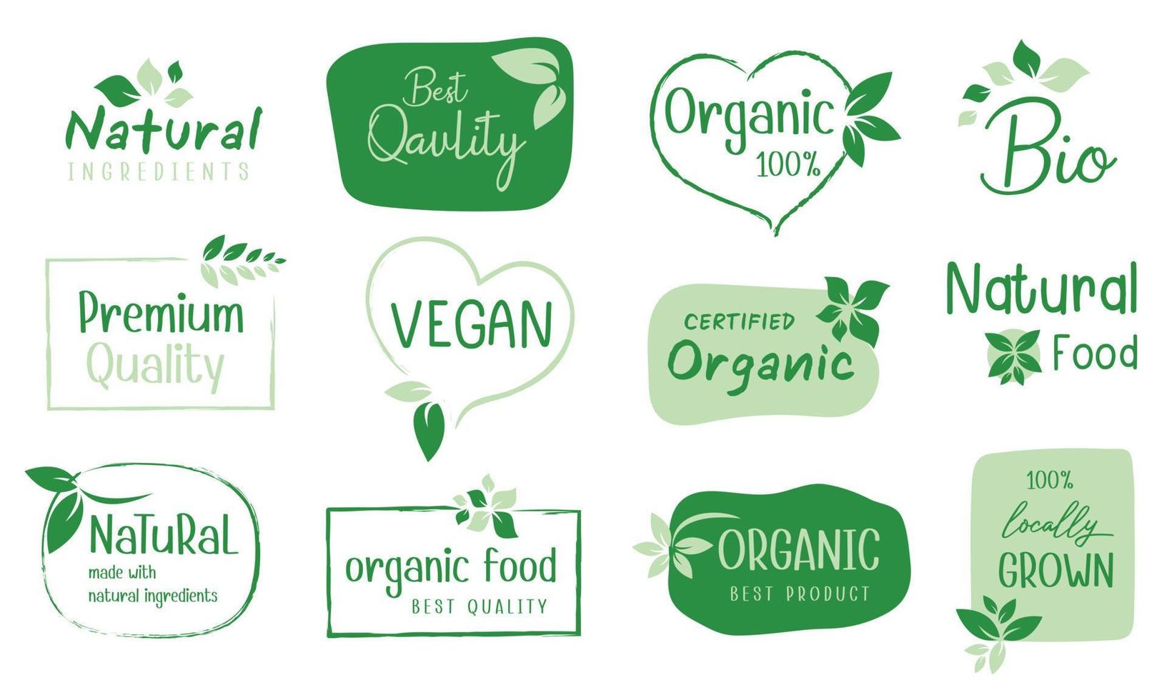 conjunto de logotipo, adesivos e crachás para alimentos e bebidas orgânicos, produtos naturais, vida saudável, loja de alimentos e promoção de produtos. vetor