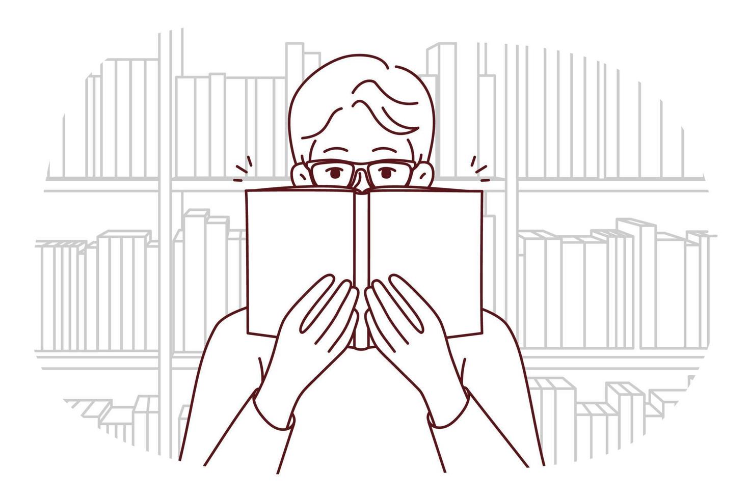 homem de óculos lendo livro na biblioteca. cara feliz em óculos gosta de literatura na livraria. educação e aprendizagem. ilustração vetorial. vetor