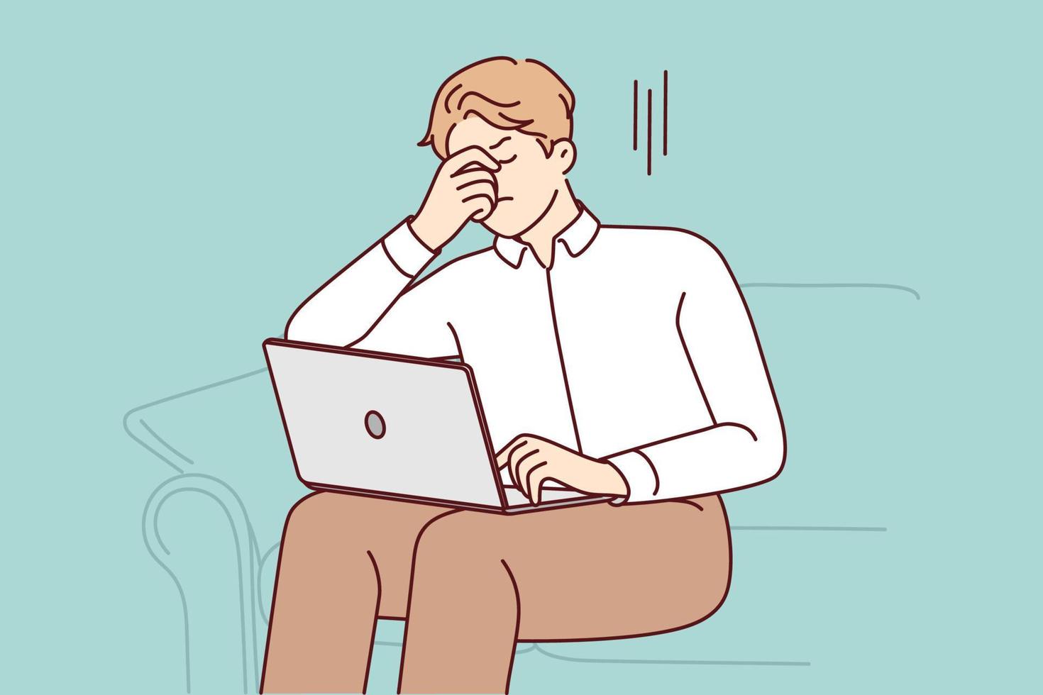 homem insalubre sentar no sofá trabalhar no computador sofre de dor de cabeça. homem cansado indisposto com laptop luta com excesso de trabalho ou problemas de saúde. ilustração vetorial. vetor