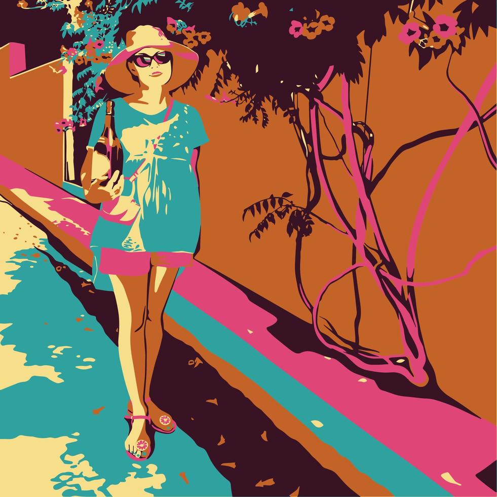 ilustração vetorial colorida vívida de mulher em pé na rua de verão em cores saturadas extremas vetor