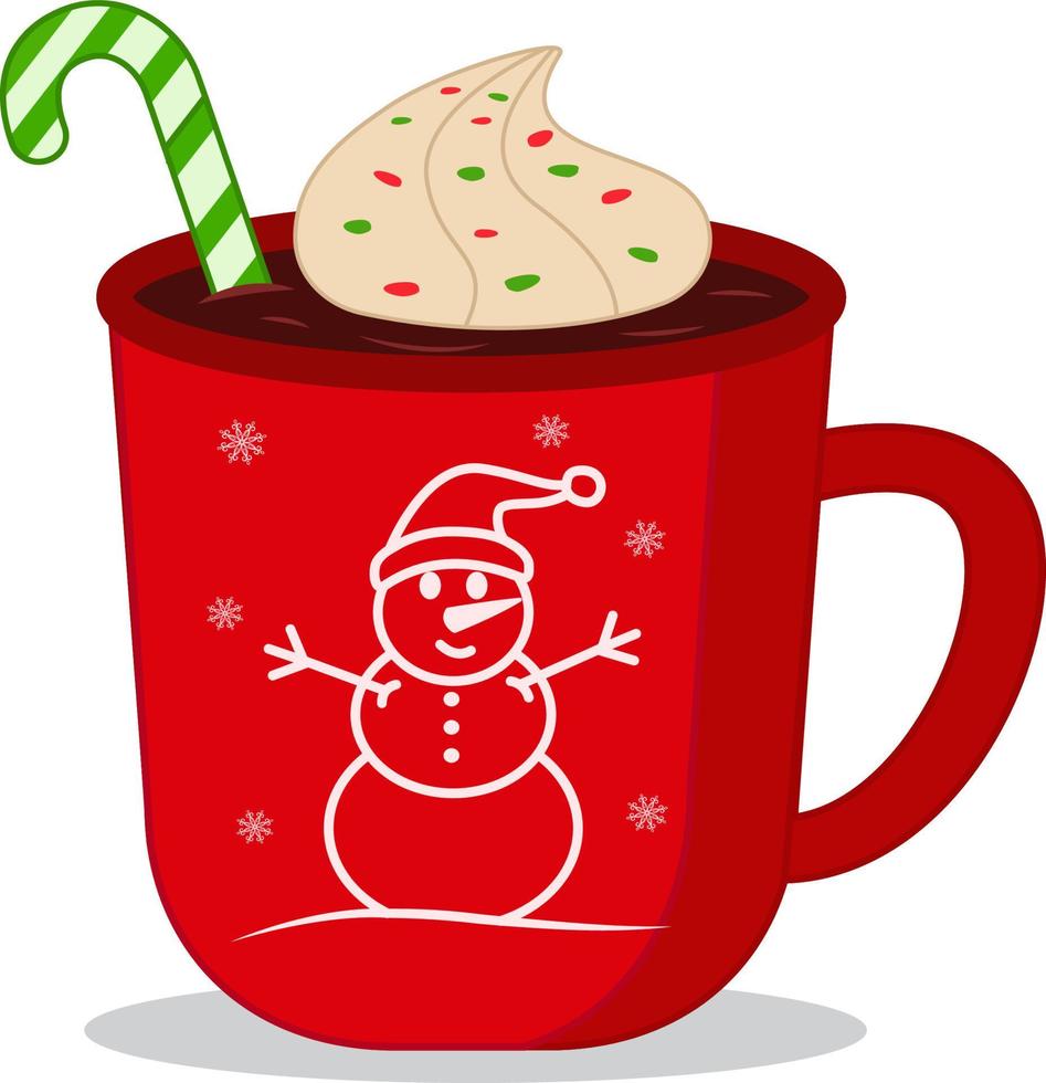 chocolate quente com pirulitos em um copo vermelho para o natal. feliz natal e ano novo copo com doces. elementos de design vetorial adequados para design e coloração de natal, publicidade, cartões postais vetor
