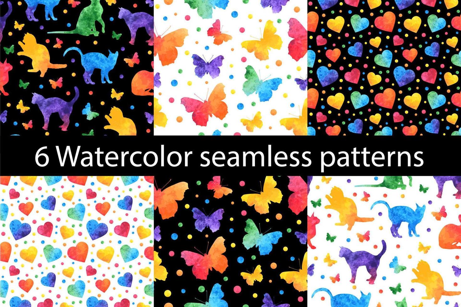 padrão sem emenda de aquarela colorida com borboletas fofas, gatos e corações. ilustração vetorial vetor