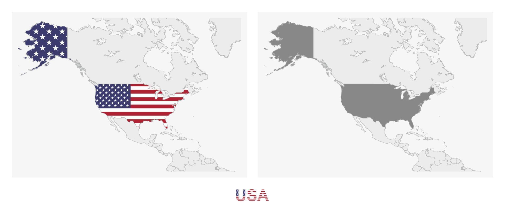 duas versões do mapa dos estados unidos, com a bandeira dos eua e destacada em cinza escuro. vetor