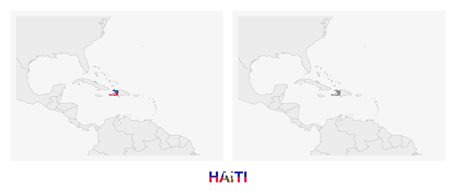 duas versões do mapa do haiti, com a bandeira do haiti e destacada em cinza escuro. vetor