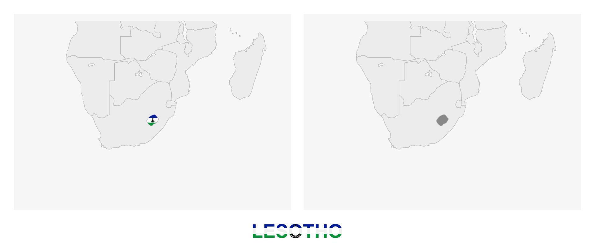 duas versões do mapa do lesoto, com a bandeira do lesoto e destacada em cinza escuro. vetor