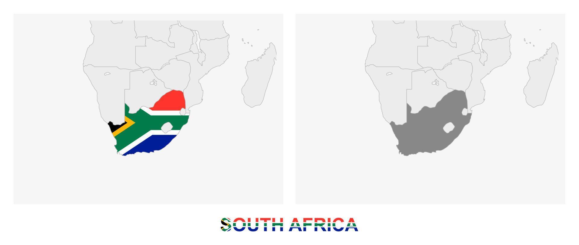 duas versões do mapa da áfrica do sul, com a bandeira da áfrica do sul e destacada em cinza escuro. vetor