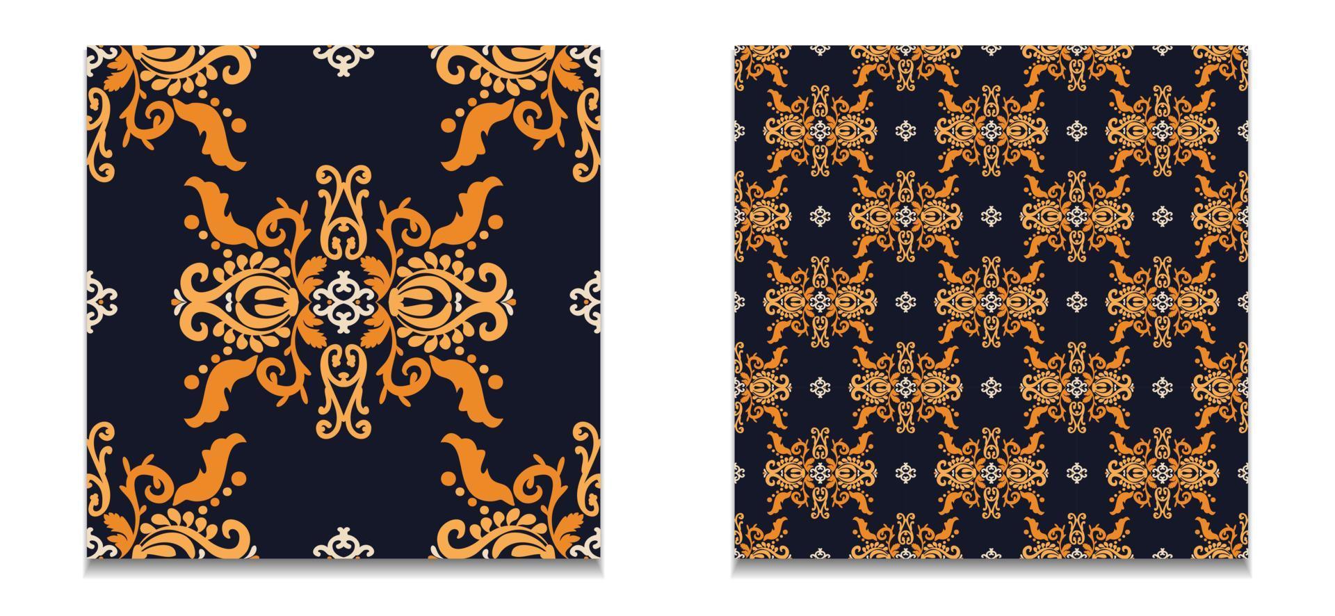 dois padrões sem emenda de padrões vintage. conjunto de padrões de damasco de vetores. azul, cor laranja. para tecido, azulejo, papel de parede ou embalagem. gráficos vetoriais. vetor
