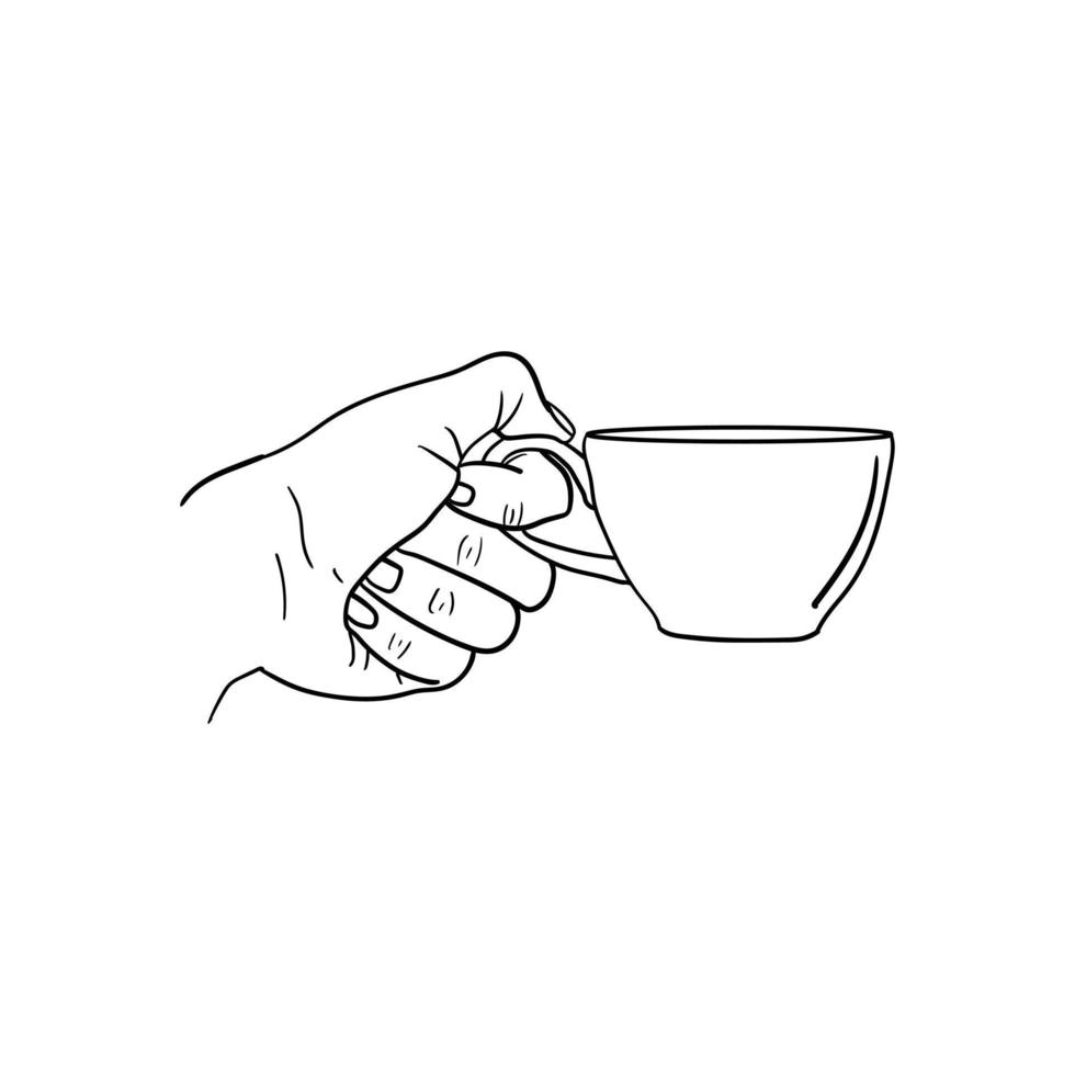 mão segurando um ícone de xícara de café, arte de linha de mão segurando uma xícara de café vetor