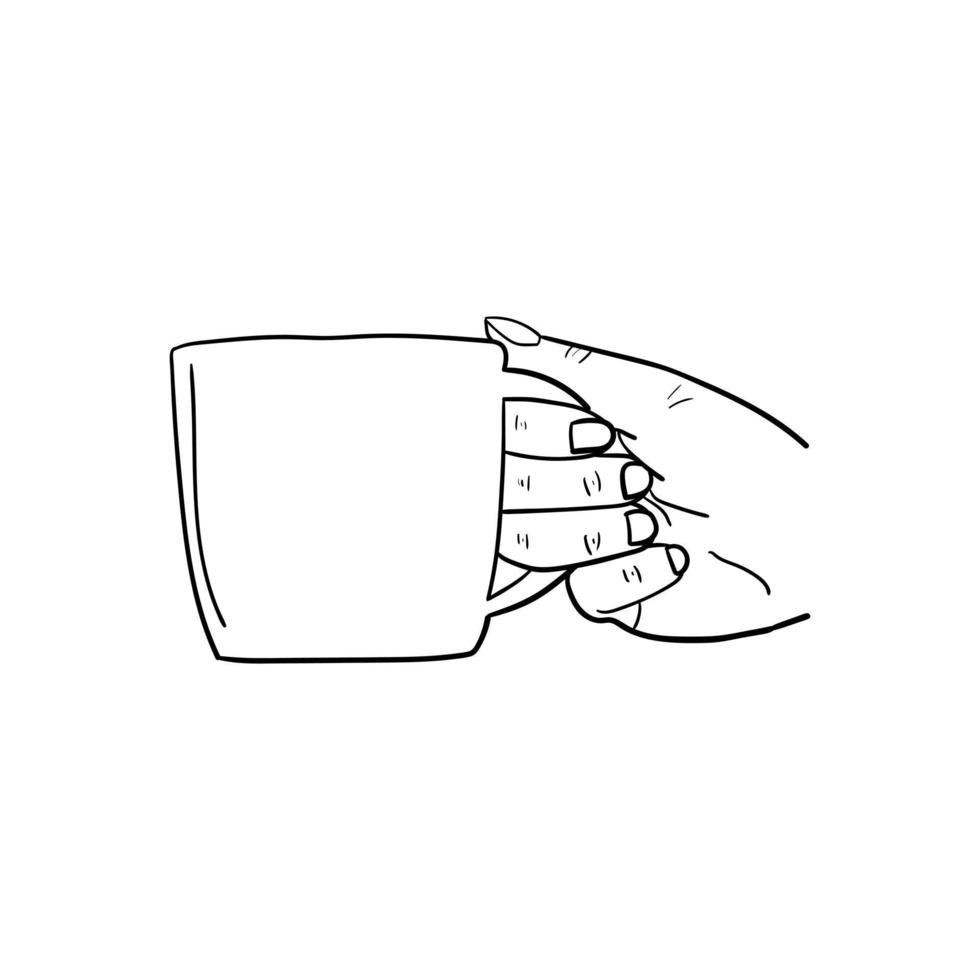 mão segurando um ícone de xícara de café, arte de linha de mão segurando uma xícara de café vetor