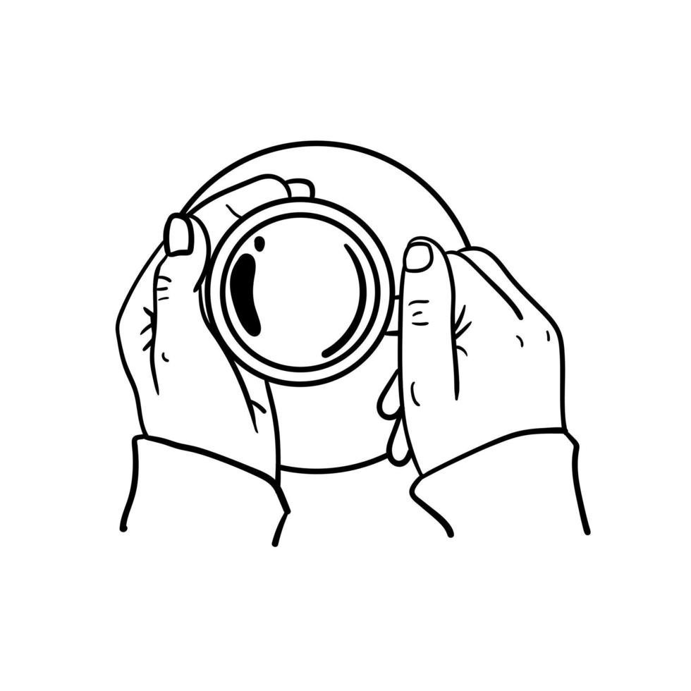 mão segurando um ícone de xícara de café, arte de linha desenhada à mão de mão segurando uma xícara de café vetor