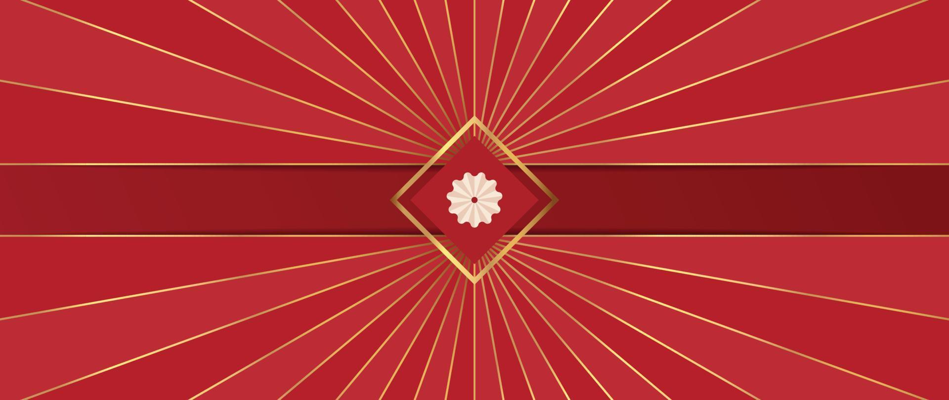 vetor de fundo de luxo chinês. estilo oriental decorativo elegante do símbolo da flor e forma geométrica com linha de raio de ouro gradiente sobre fundo vermelho. ilustração de design para papel de parede, cartão, pôster.