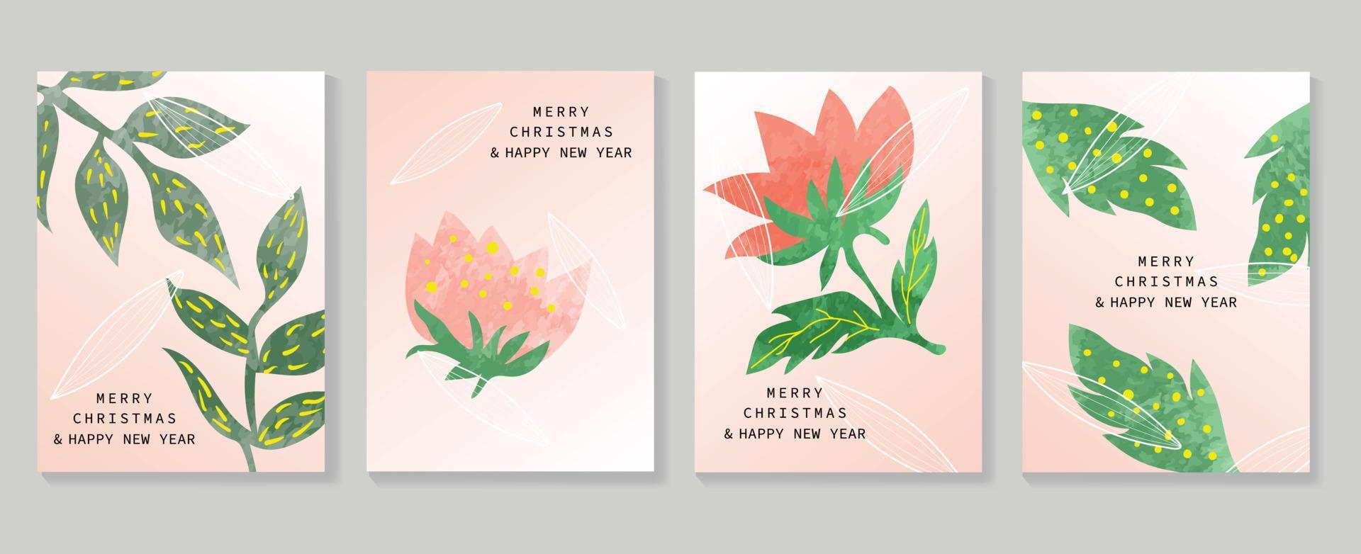 conjunto de natal e vetor de cartão de feriado de feliz ano novo. elemento decorativo de flor botânica de inverno em aquarela desenhada à mão e ramos de folhas. ilustração de design para capa, banner, cartão, pôster.