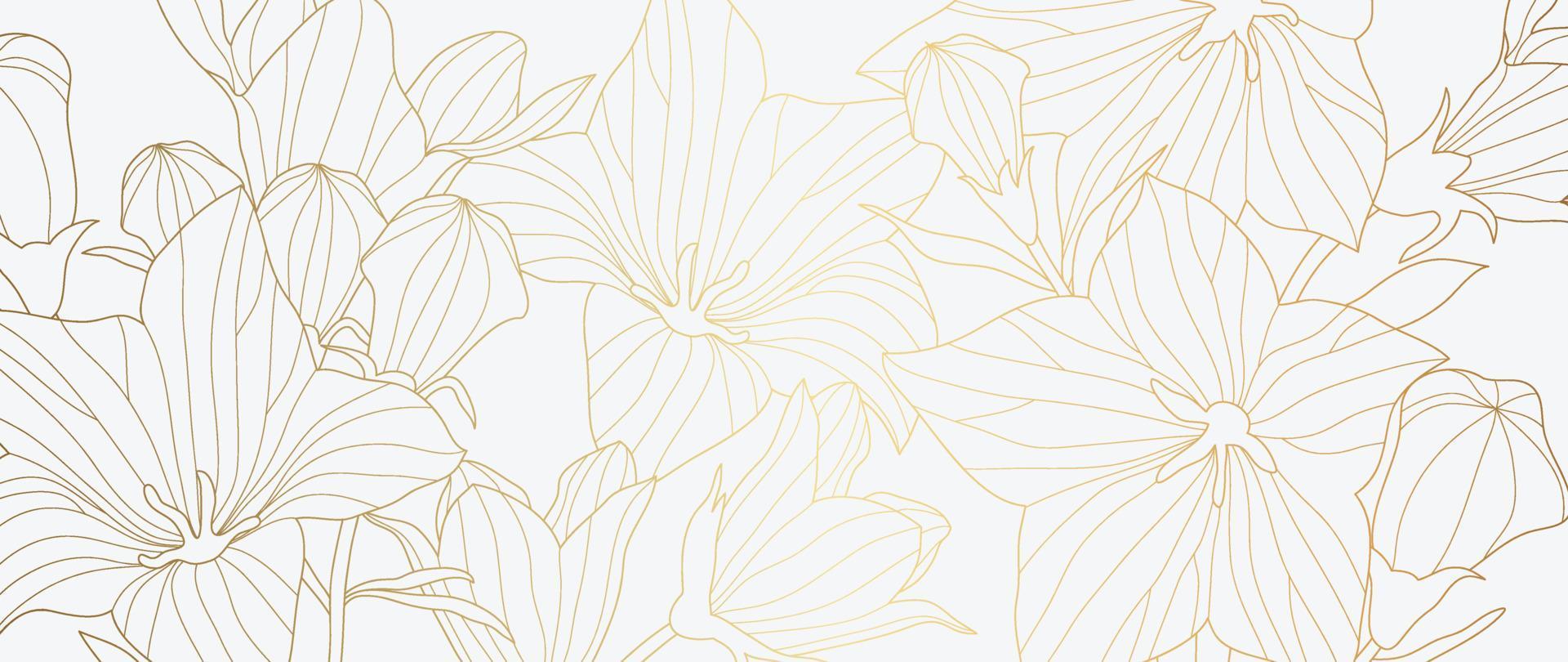 papel de parede de arte de linha dourada floral de luxo. flores silvestres douradas florescendo elegantes padrão de fundo. ilustração de design para decoração, cartão, decoração de casa, convite, embalagem, impressão, capa, banner. vetor