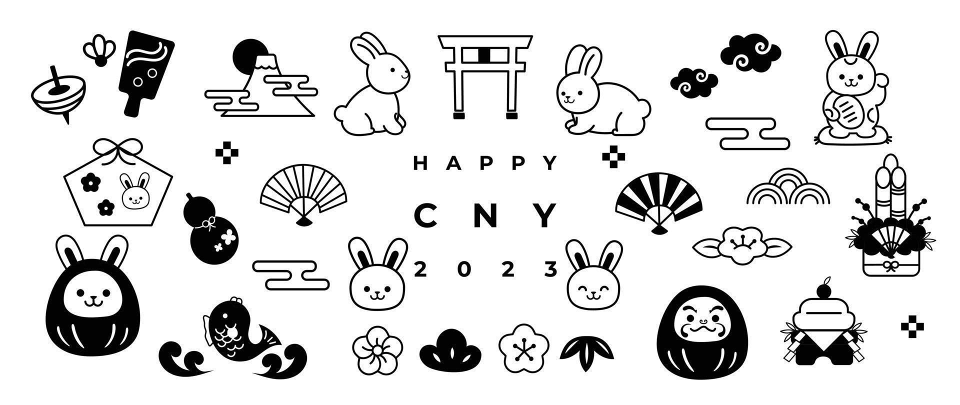 feliz ano novo 2023 elemento ano japonês do conjunto de vetores de coelho. coelho de doodle desenhado à mão, fuji, daruma, ventilador, garrafa de saquê cabaça, flores, bambu, nuvens, peixe. design para adesivo, carimbo, cartão.