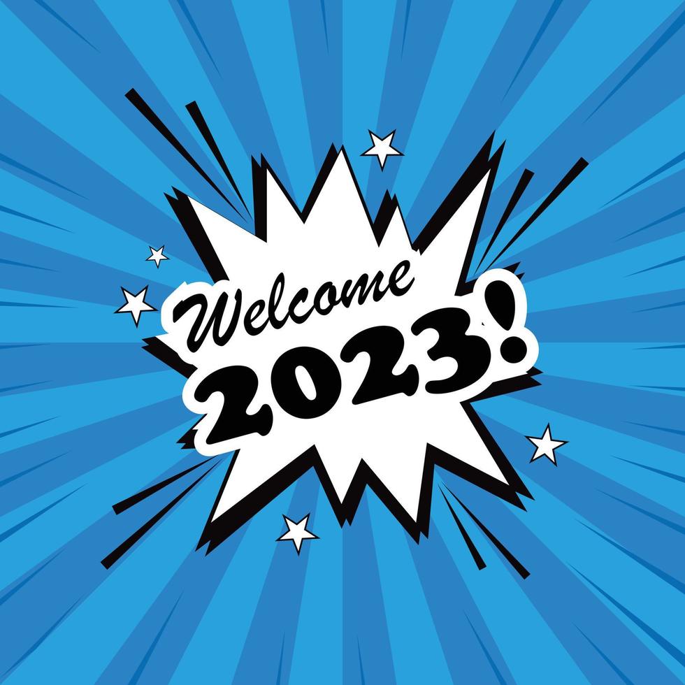 bem-vindo 2023 estilo de arte em quadrinhos para ilustração vetorial de cartão vetor