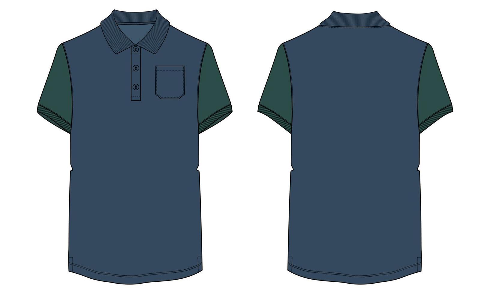 camisa polo de manga curta com modelo de ilustração vetorial de desenho plano de moda técnica de bolso vista frontal e traseira. vetor