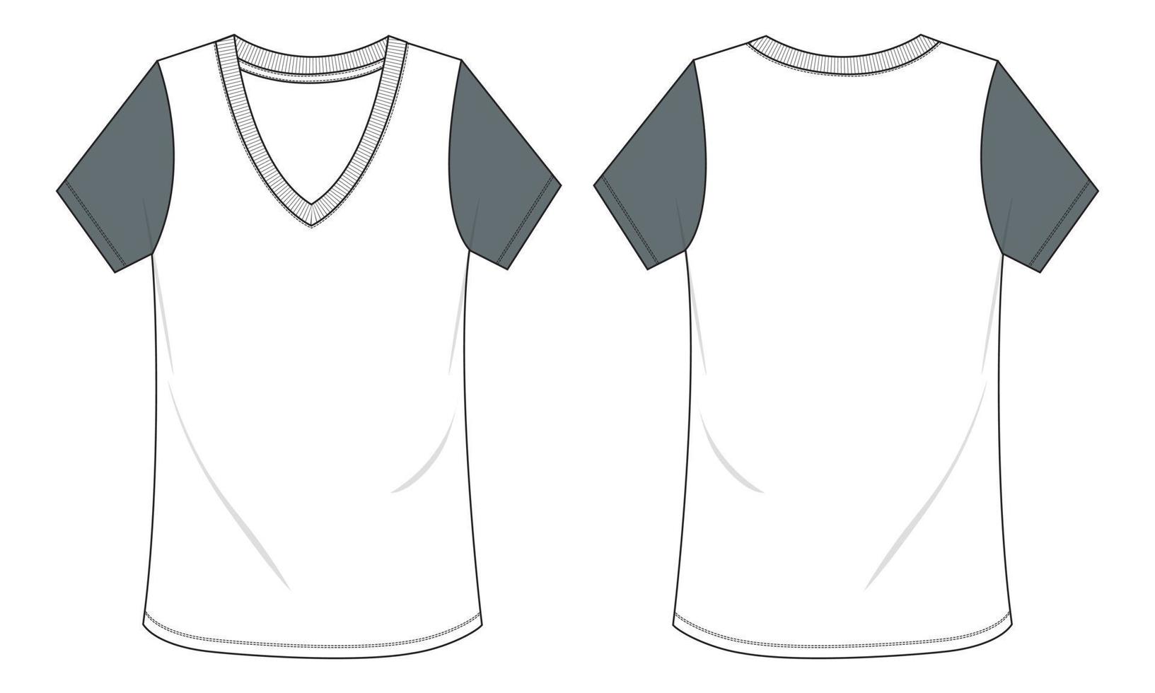 modelo de vetor de desenho técnico de camiseta de manga curta com decote em v para mulheres. vista frontal e traseira.