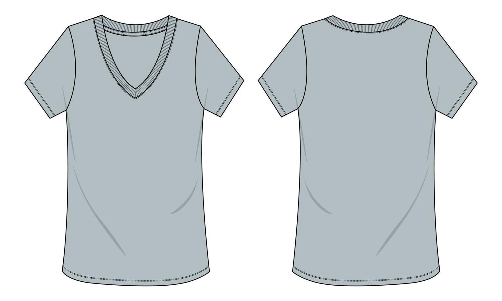 modelo de vetor de desenho técnico de camiseta de manga curta com decote em v para mulheres. vista frontal e traseira.