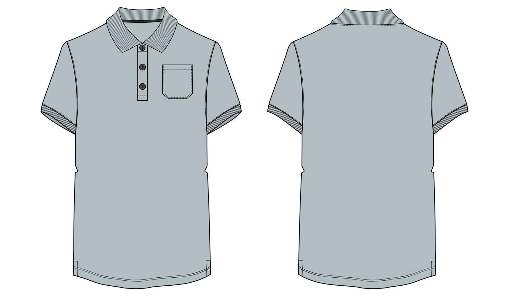 camisa polo de manga curta com modelo de ilustração vetorial de desenho plano de moda técnica de bolso vista frontal e traseira. vetor