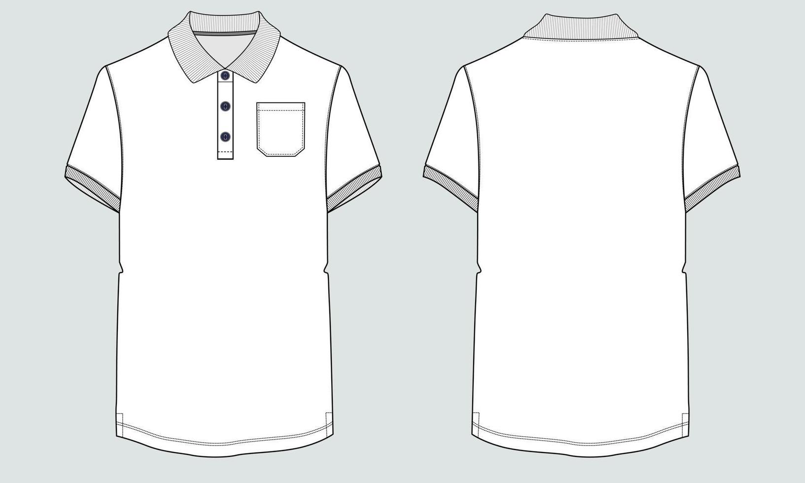 camisa polo de manga curta com modelo de ilustração vetorial de desenho plano de moda técnica de bolso vista frontal e traseira. vetor