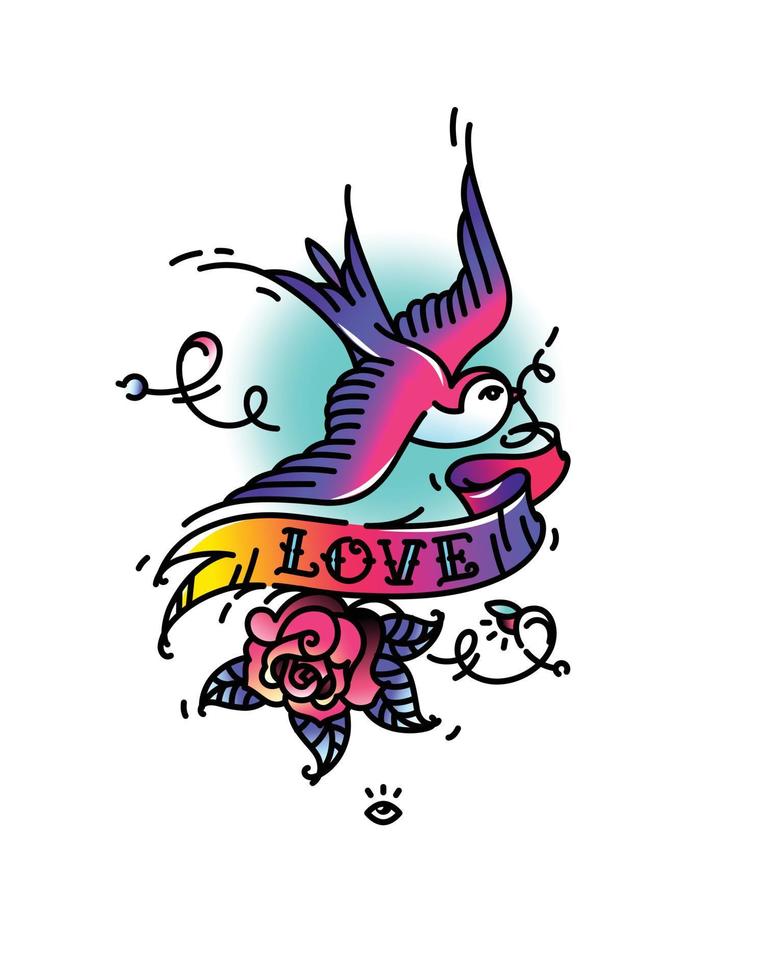 tatuagem engole com a inscrição amor e um botão de rosa por baixo. ilustração vetorial. tatuagem de uma velha escola americana. pássaro veloz com fita e flor. uma popular tatuagem de arco-íris. vetor