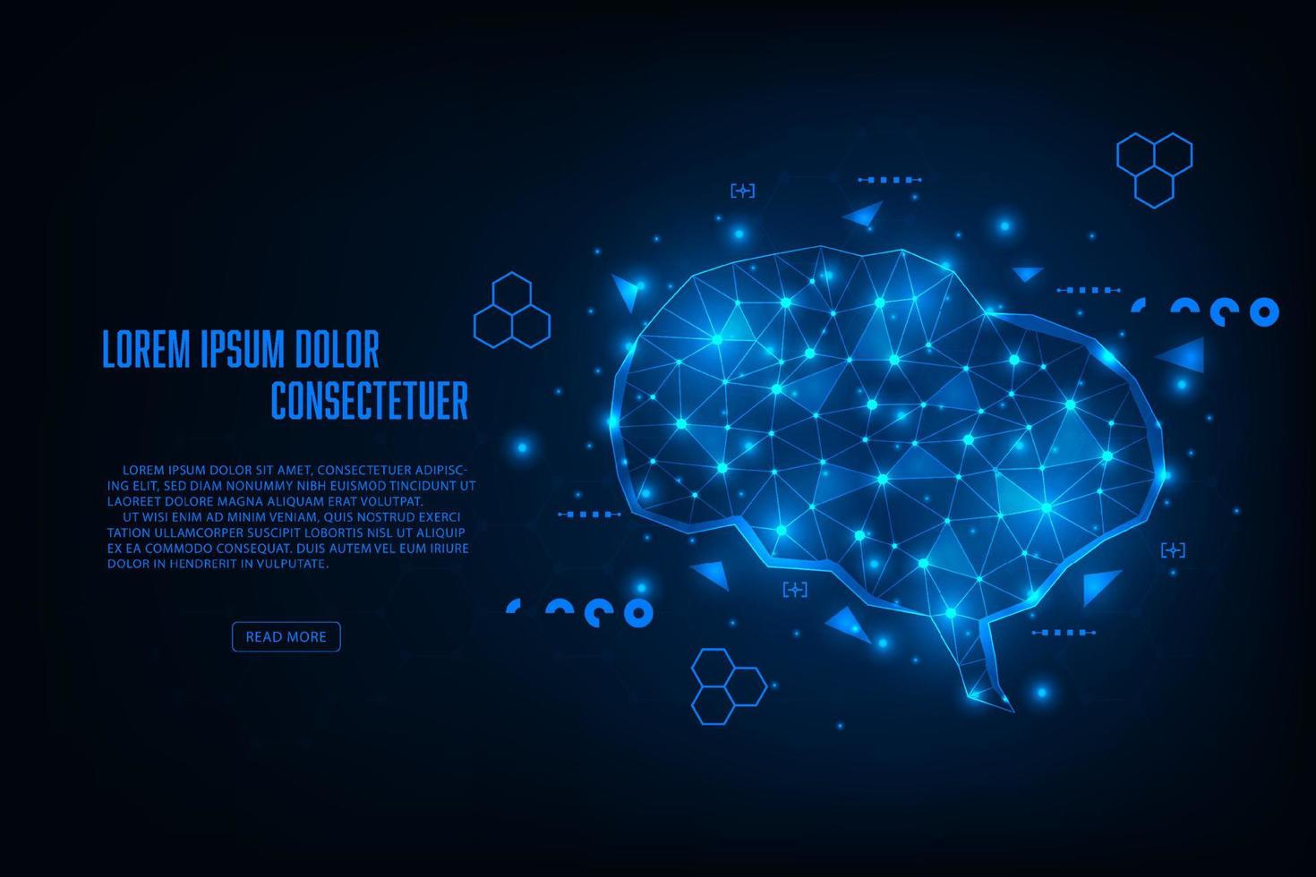 conceito de hardware de inteligência artificial vetorial. cérebro de holograma de conexão brilhante de luz azul. fundo abstrato de tecnologia. vetor