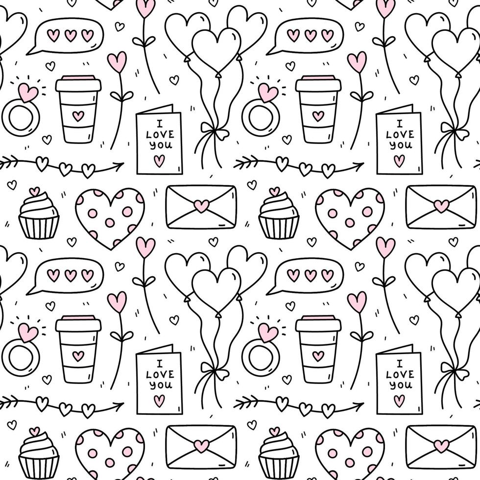 bonito padrão perfeito para dia dos namorados com corações, flechas, balões, cartas de amor e envelopes. ilustração em vetor doodle desenhado à mão. perfeito para projetos de férias, impressão, decorações, embrulhos.