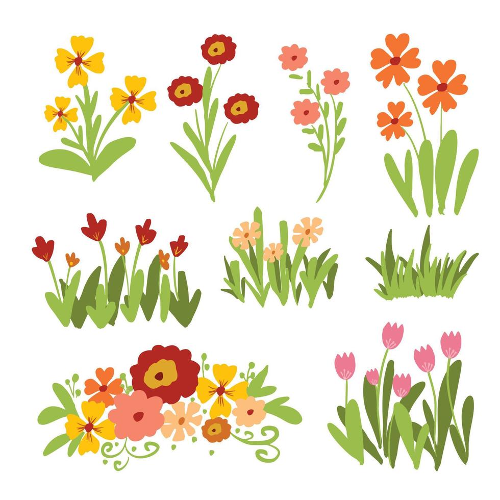 ilustração vetorial de coleção de flores e folhas de primavera desenhada à mão vetor