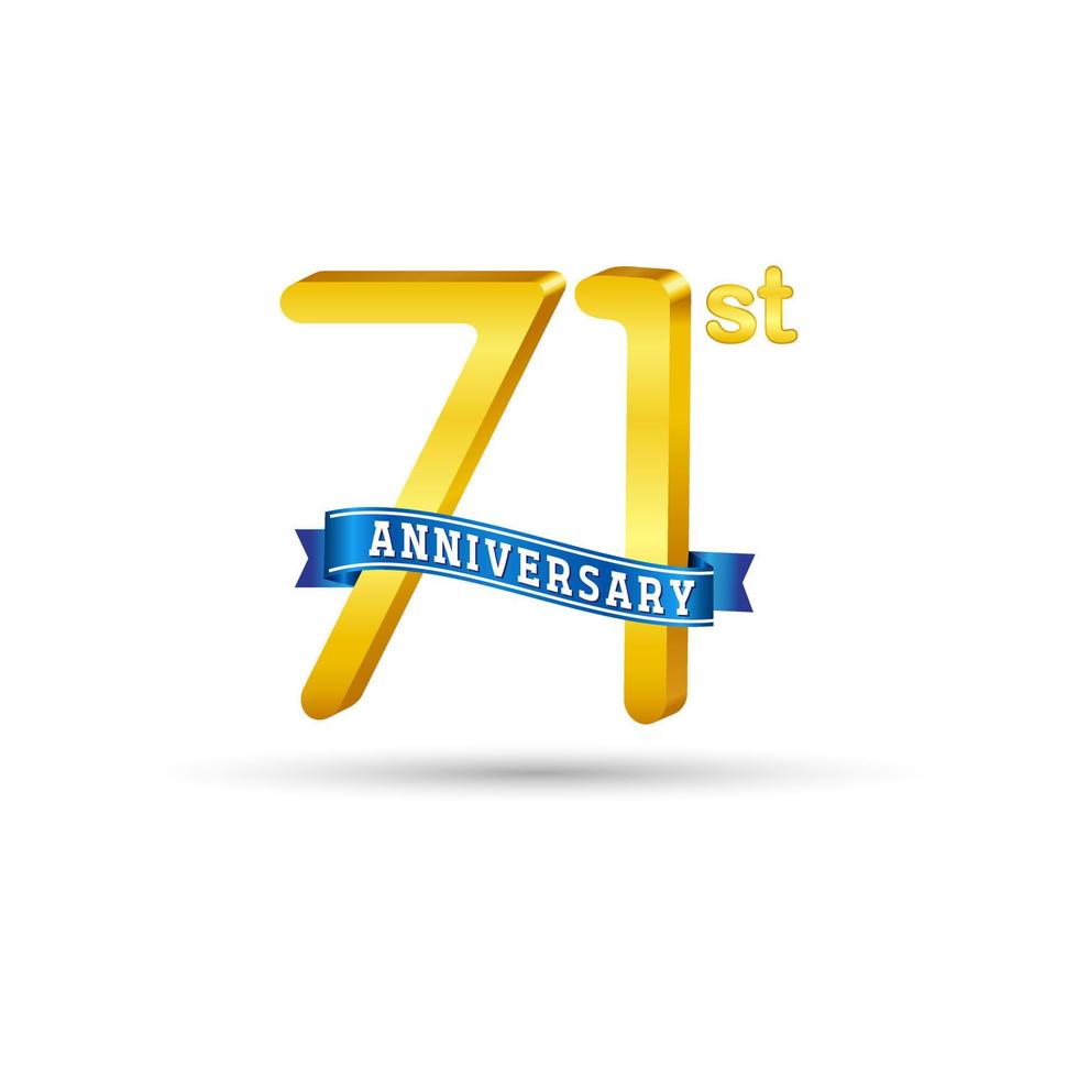 logotipo do 71º aniversário de ouro com fita azul isolada no fundo branco. logotipo de aniversário de ouro 3d vetor