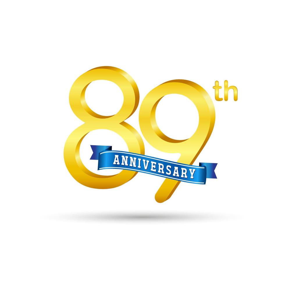 logotipo do 89º aniversário de ouro com fita azul isolada no fundo branco. logotipo de aniversário de ouro 3d vetor