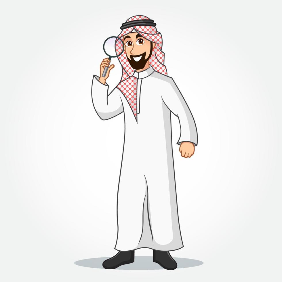 personagem de desenho animado do empresário árabe em roupas tradicionais, segurando uma lupa vetor