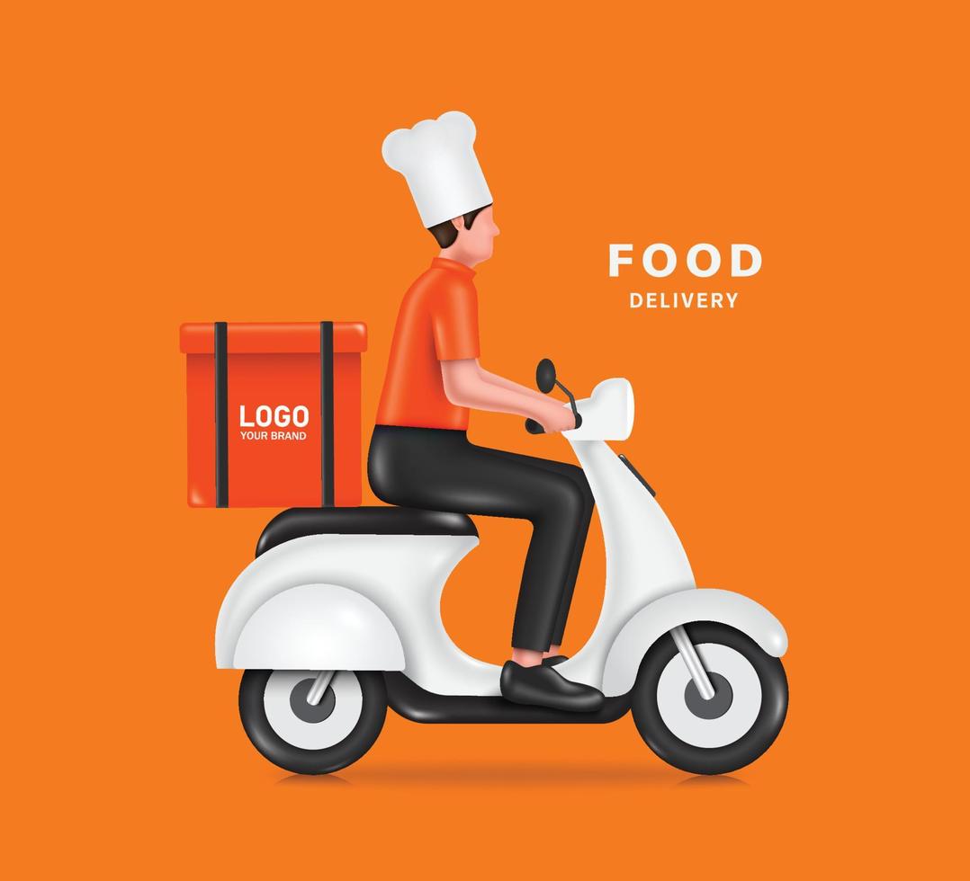 chef com um chapéu de cozinha está dirigindo uma scooter ou uma motocicleta com um bolso para comida na parte de trás vetor