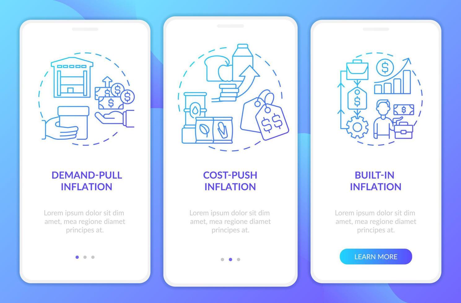 tipos de inflação tela de aplicativo móvel de integração de gradiente azul. aumento de preços passo a passo instruções gráficas de 3 etapas com conceitos lineares. interface do usuário, ux, modelo de gui vetor