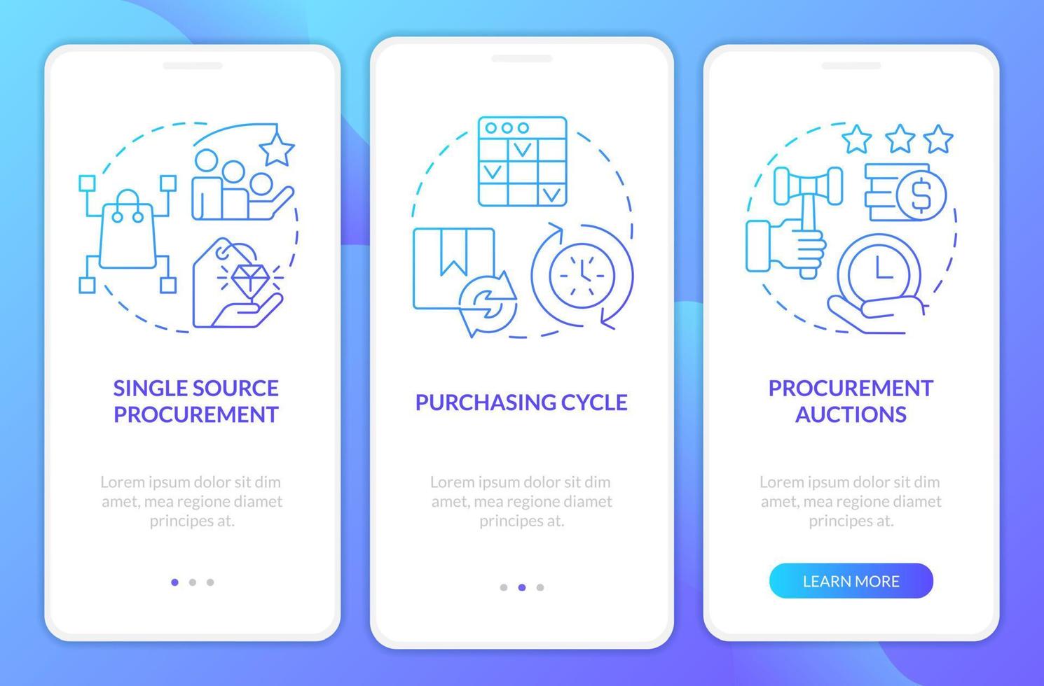 estratégias de compra eficazes tela de aplicativo móvel de integração de gradiente azul. passo a passo 3 passos instruções gráficas com conceitos lineares. interface do usuário, ux, modelo de gui vetor